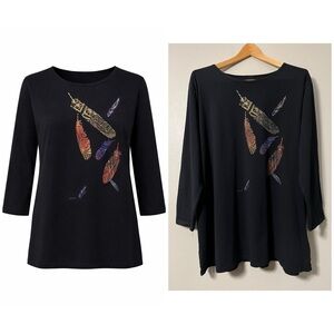 Sabaku Woman Black 100% Cotton Feather Scoop Neck 3/4 Sleeve T-Shirt Size XL